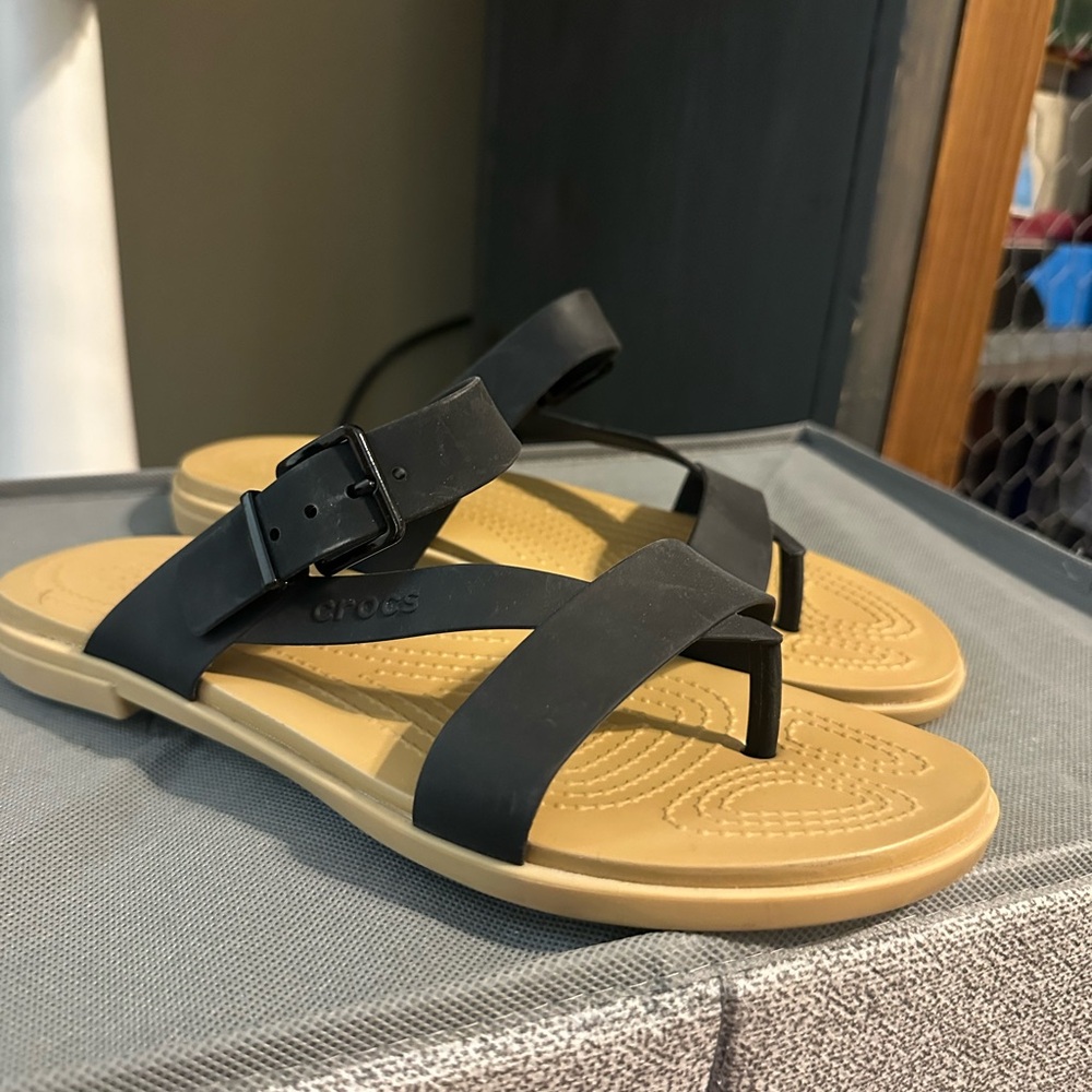 CROCS Black and Tan Strappy Sandals